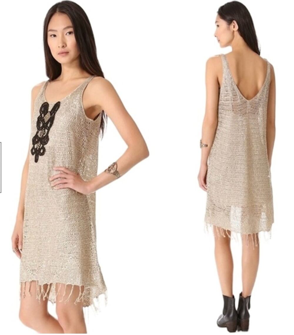 Free‎ People Golden Sands Dress Womens Medium Gold Crochet Fringe Festival Boho